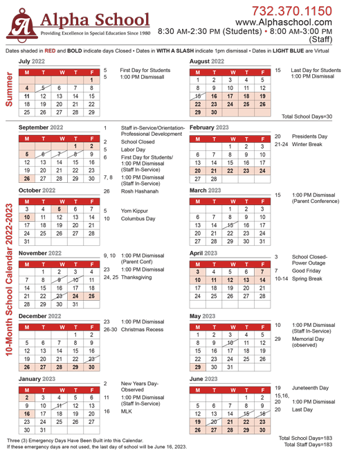 Calender of Events at Alpha School in Jackson NJ