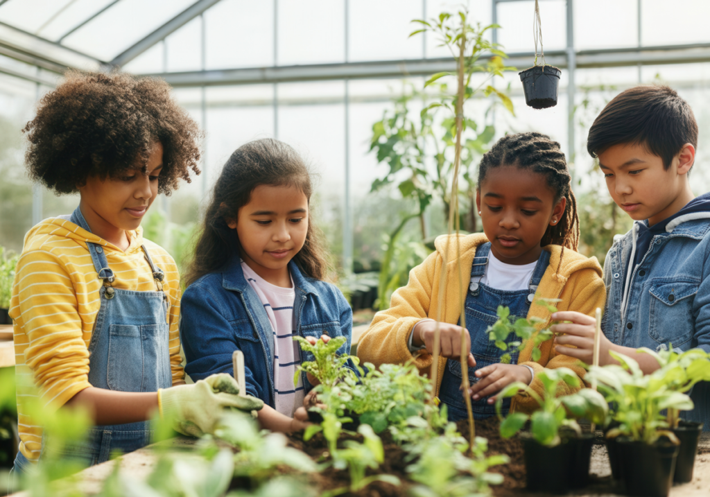 students participating in community garden